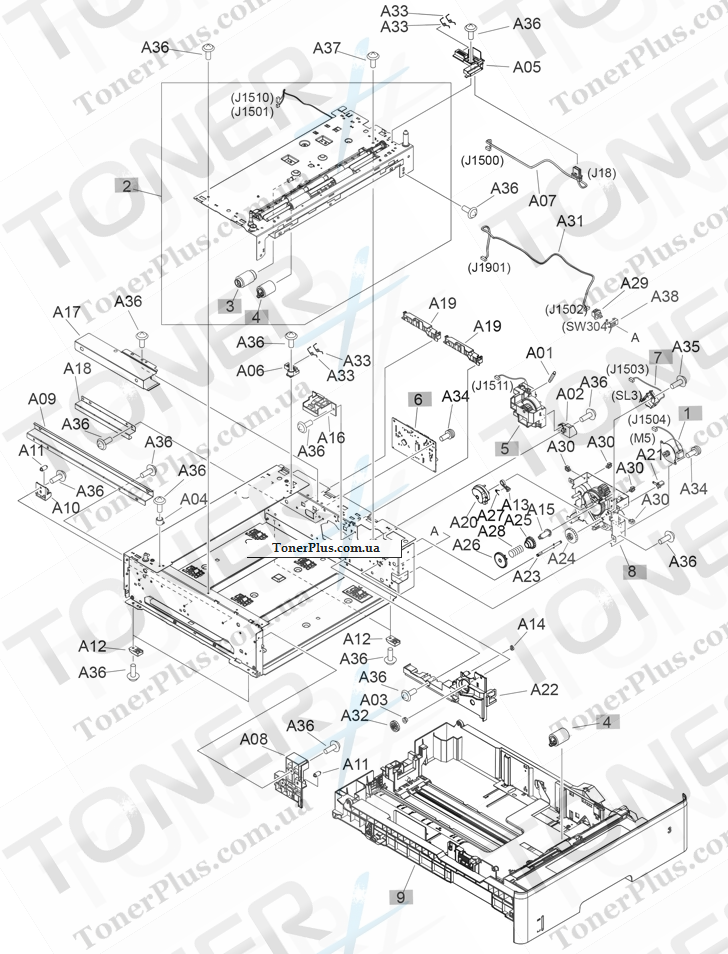 Каталог запчастей для HP LaserJet M706 Pro - 500-sheet feeder internal components