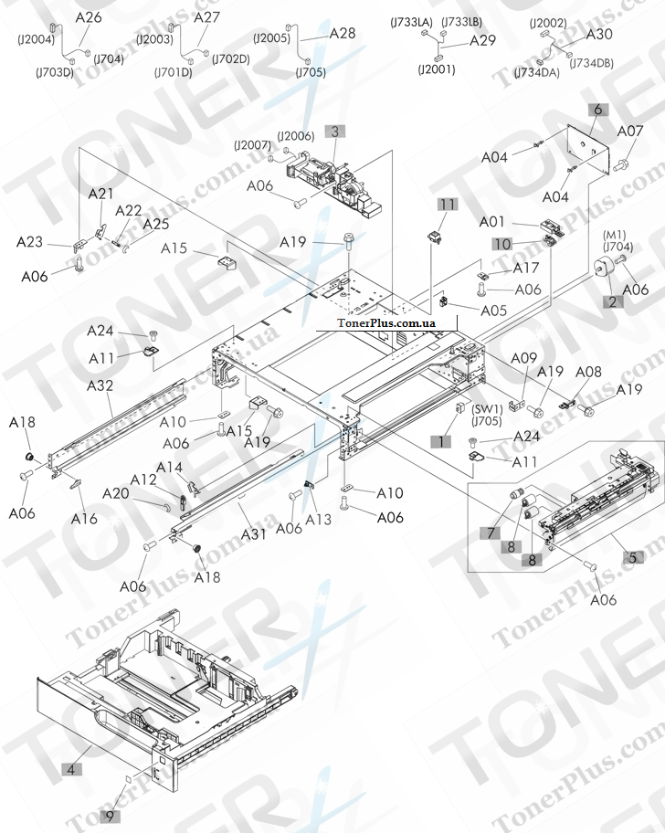 Каталог запчастей для HP LaserJet M712 Enterprise 700 - 500-sheet paper feeder (Tray 4) components
