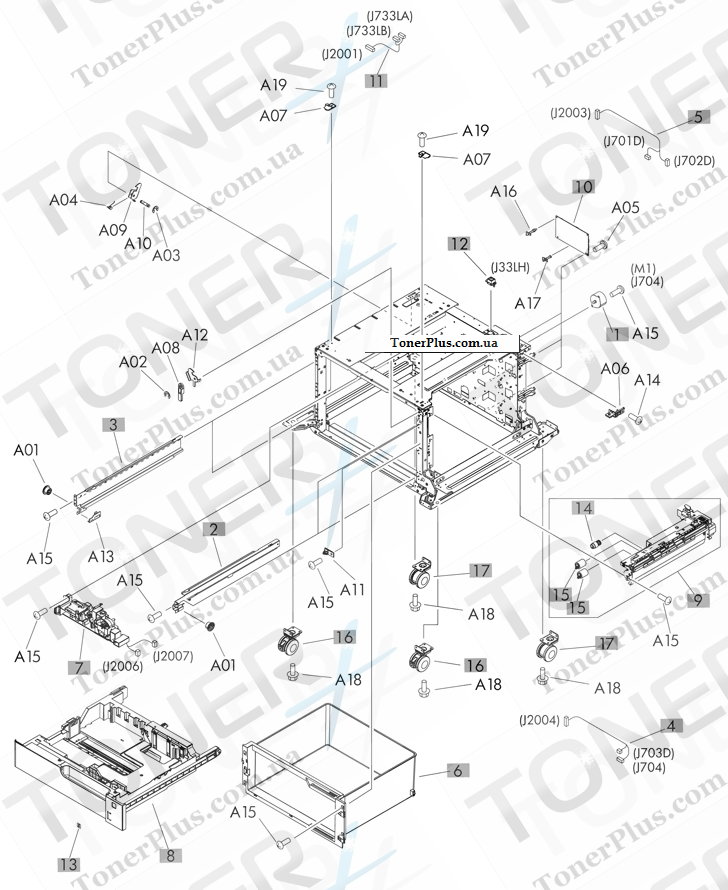 Каталог запчастей для HP LaserJet M712 Enterprise 700 - 1x500 paper deck components