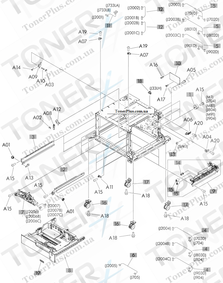 Каталог запчастей для HP LaserJet M712 Enterprise 700 - 3x500 paper deck components