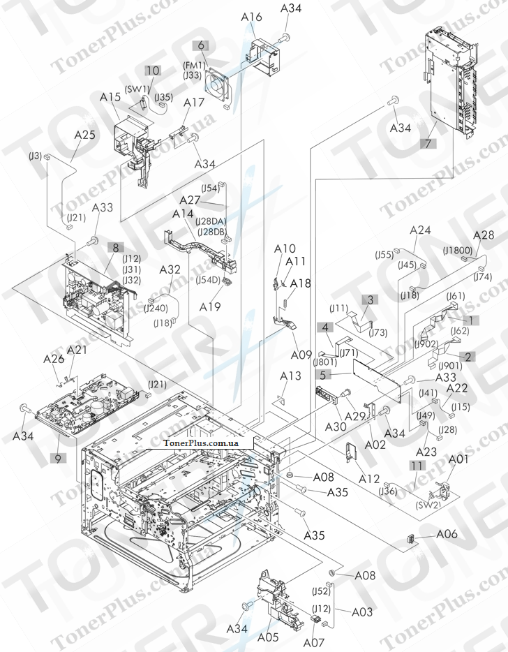 Каталог запчастей для HP LaserJet M725z Enterprise 700 MFP - Internal components (4 of 4)