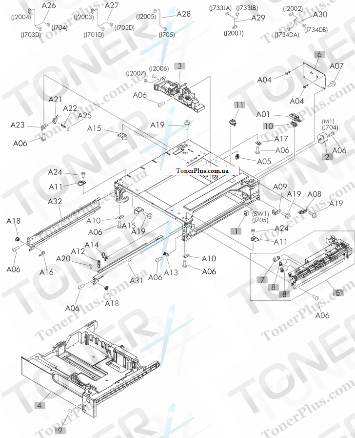 Каталог запчастей для HP LaserJet M725f Enterprise 700 MFP - 500-sheet paper feeder (Tray 4) components