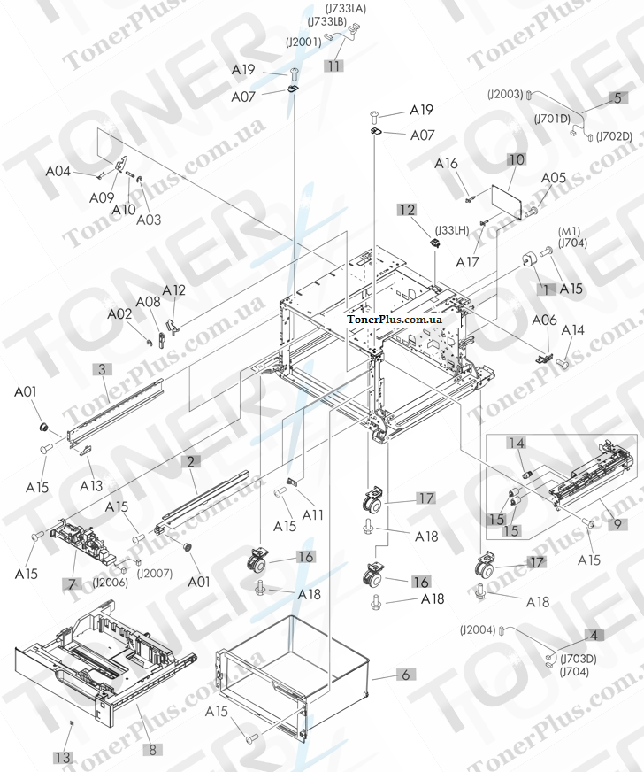 Каталог запчастей для HP LaserJet M725z Enterprise 700 MFP - 1x500 paper deck components