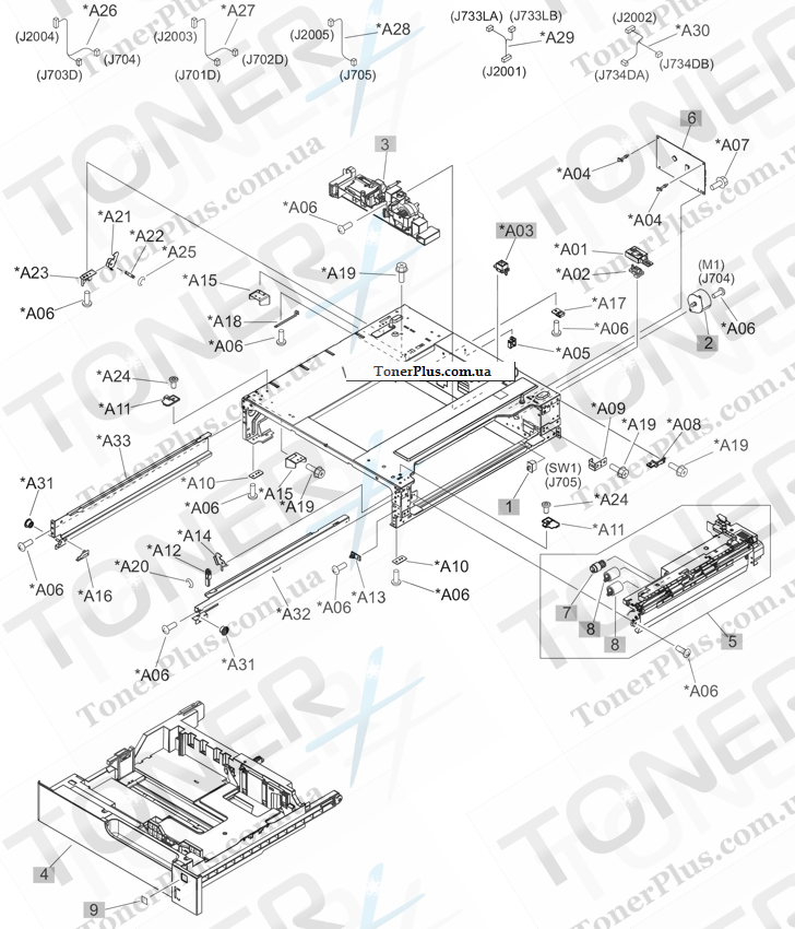 Каталог запчастей для HP LaserJet M750n Color Enterprise - 1x500PF internal components