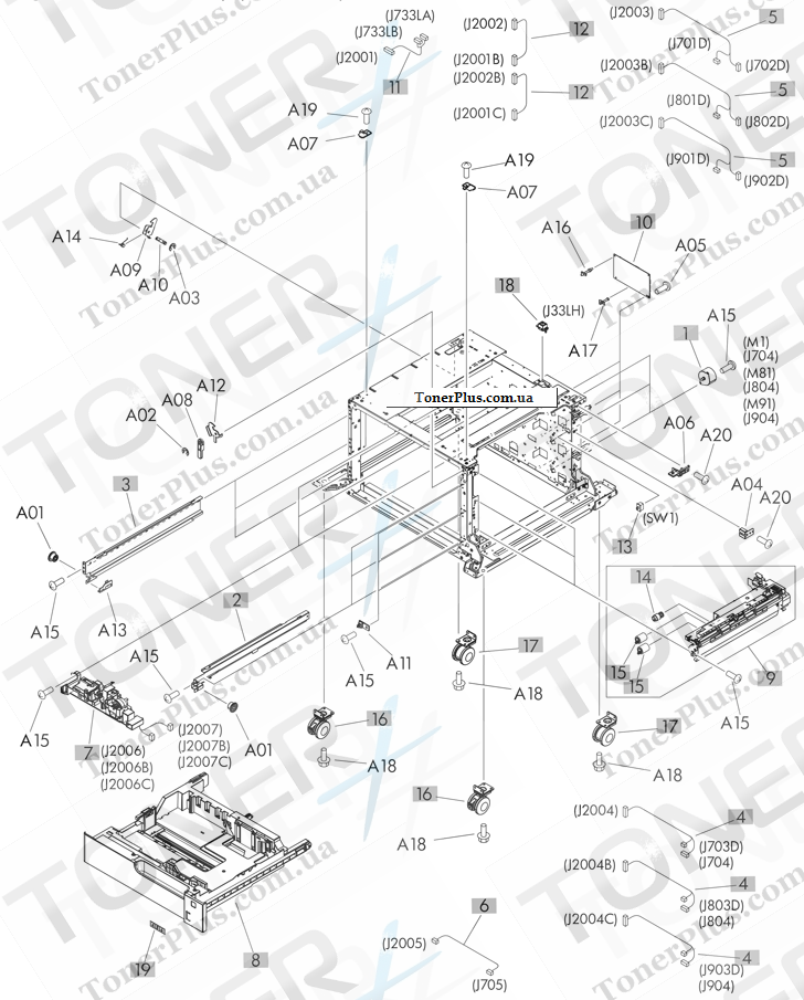 Каталог запчастей для HP LaserJet M775 Enterprise 700 color MFP - 3x500-sheet paper deck components