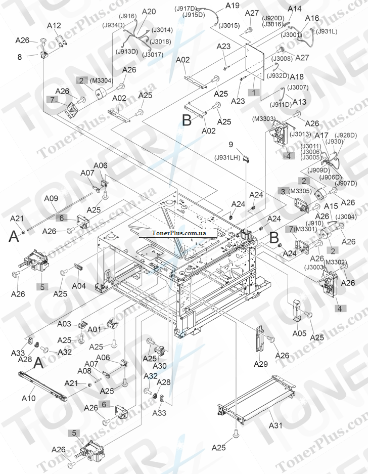 Каталог запчастей для HP LaserJet M806dn Enterprise - 3500-sheet paper feeder (1 of 2)