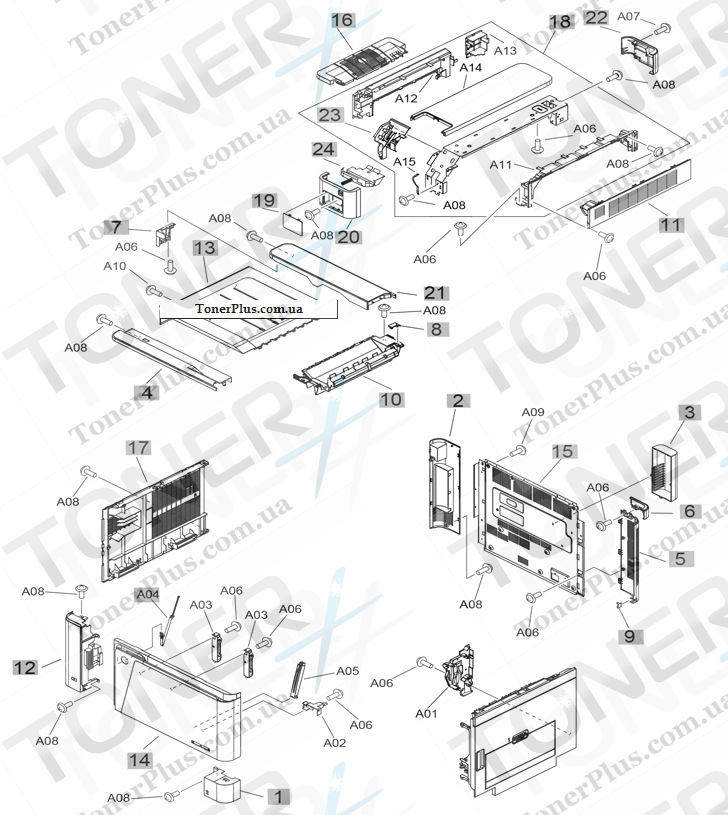 Каталог запчастей для HP LaserJet M855xh Enterprise - Covers (M855)