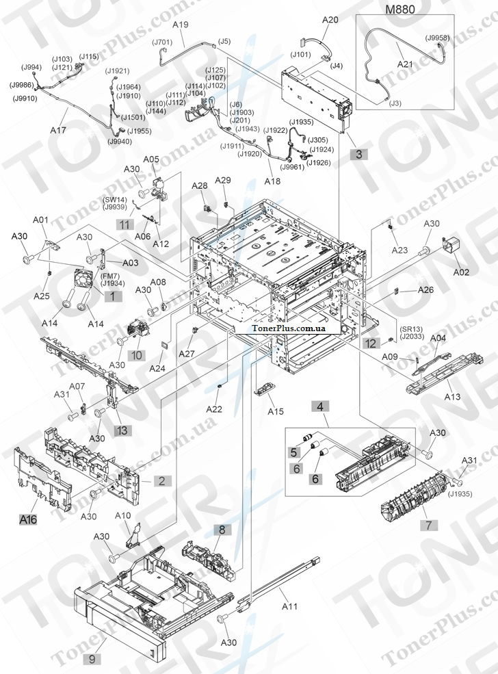 Каталог запчастей для HP LaserJet M855xh Enterprise - Internal components (5 of 6)