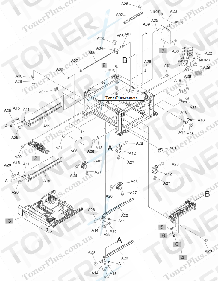 Каталог запчастей для HP LaserJet M855xh Enterprise - 1x500-sheet feeder with stand components