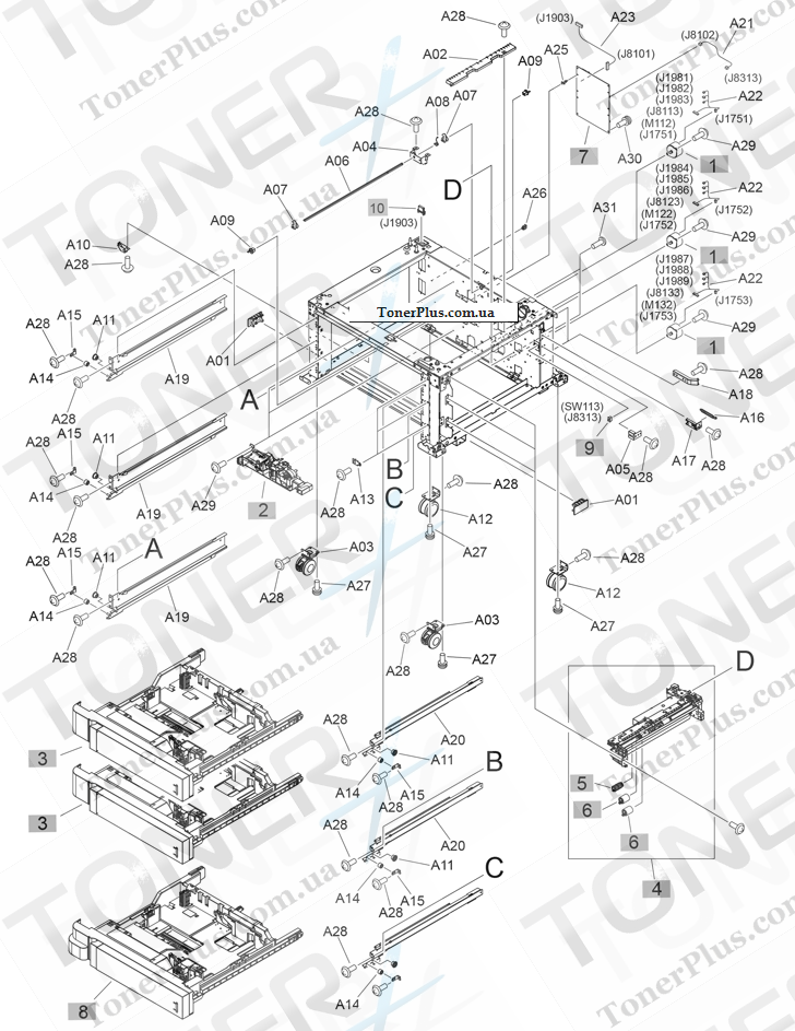 Каталог запчастей для HP LaserJet M880zplus Enterprise Flow MFP - 3x500-sheet feeder components