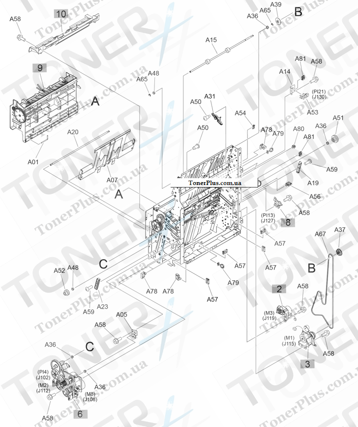 Каталог запчастей для HP LaserJet M855dn Enterprise - Booklet maker saddle assembly (1 of 3)