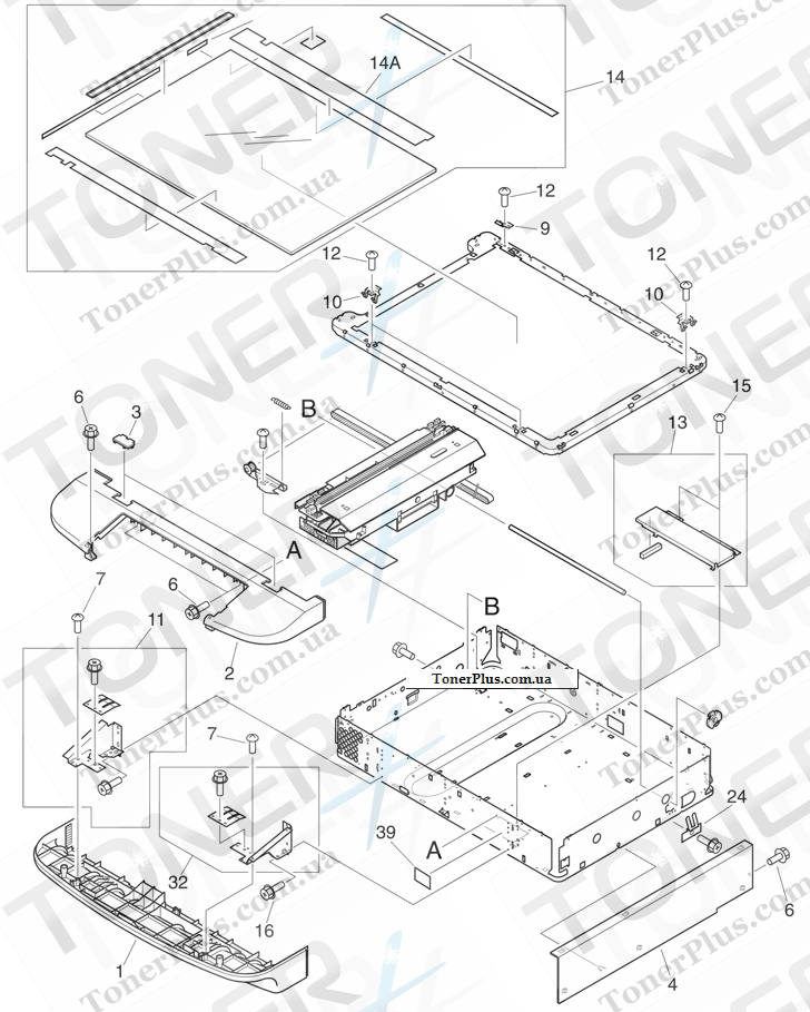 Каталог запчастей для HP LaserJet M9040 MFP - Flatbed scanner assembly (1 of 3)