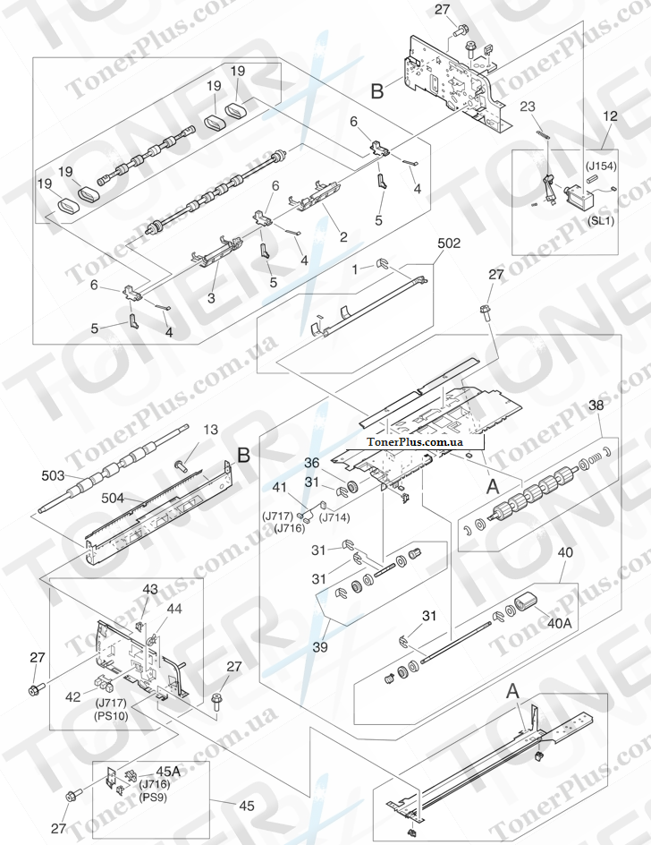 Каталог запчастей для HP LaserJet M9050 MFP - ADF paper pickup assembly (1 of 2)