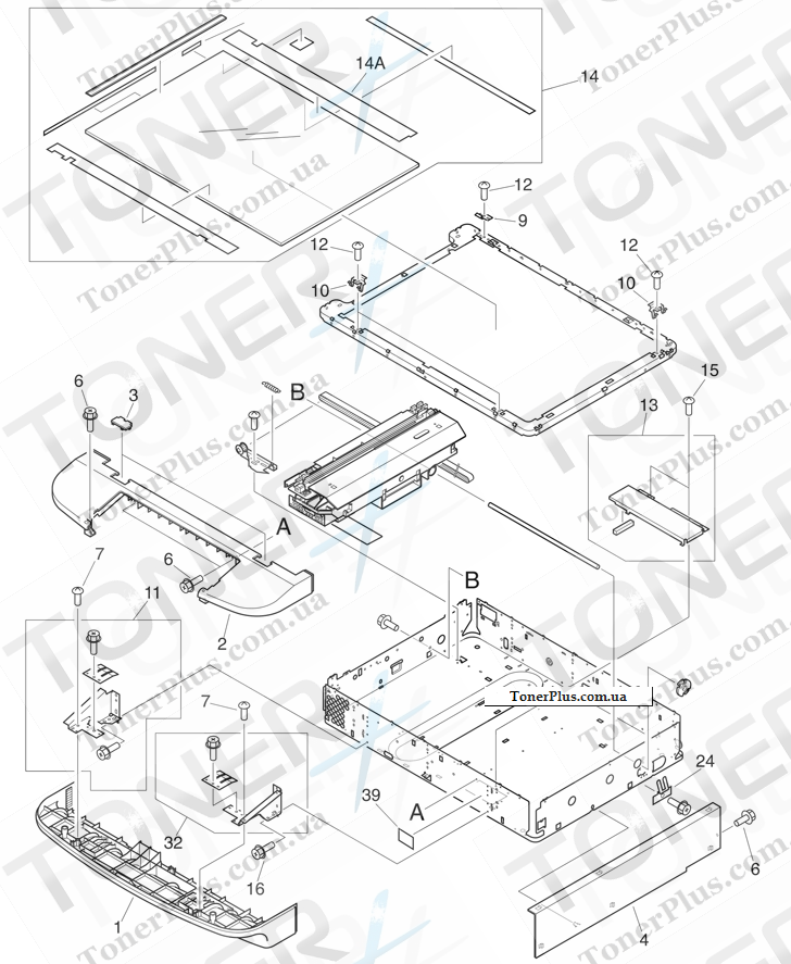 Каталог запчастей для HP LaserJet M9059 MFP - Flatbed scanner assembly (1 of 3)