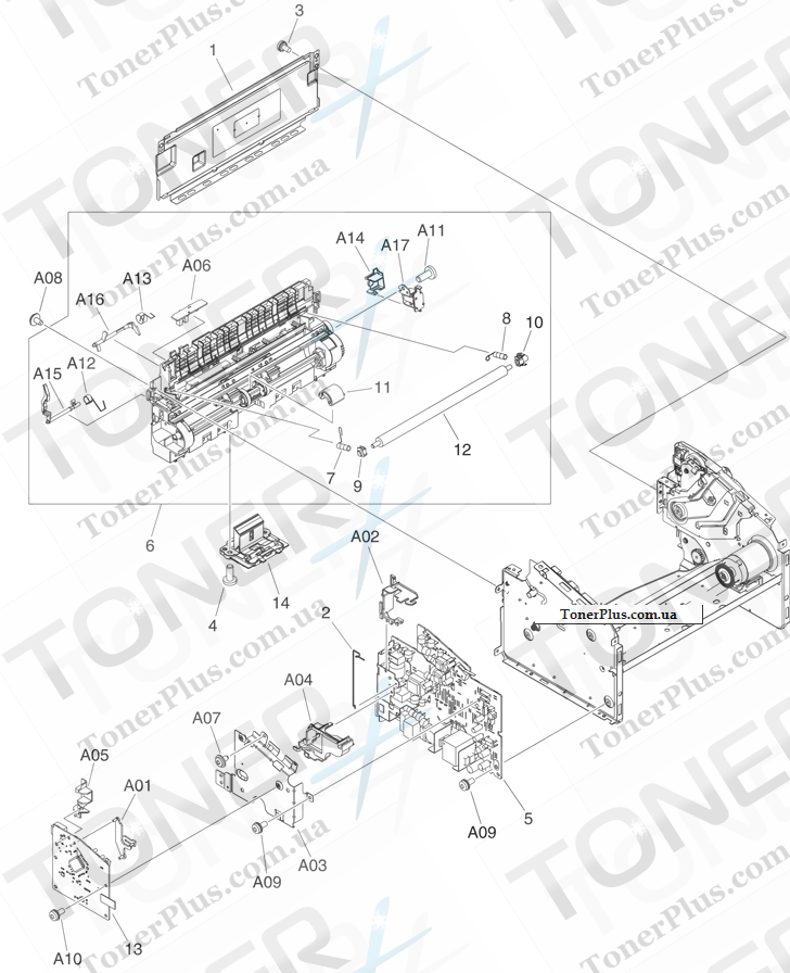Каталог запчастей для HP LaserJet P1000 Series - Internal components (1 of 3)