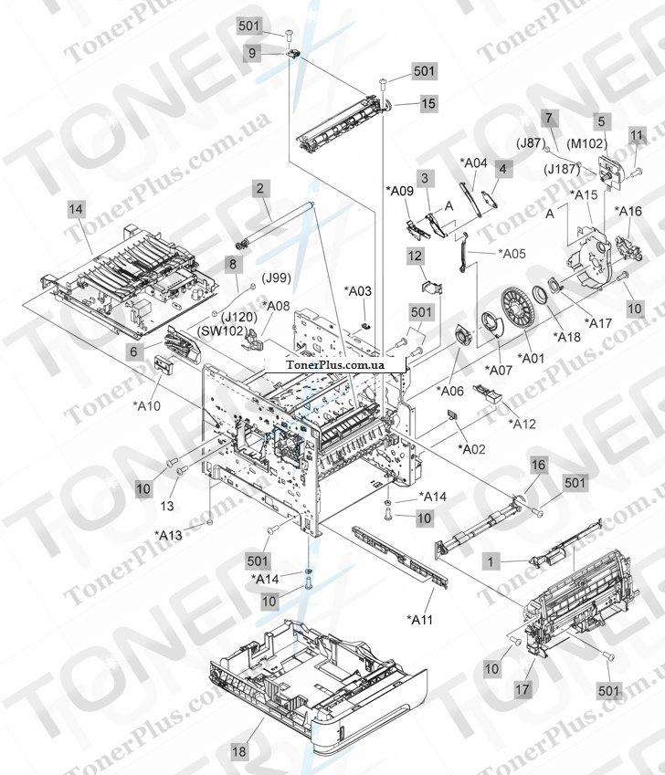 Каталог запчастей для HP LaserJet P4014dn - Internal components 1