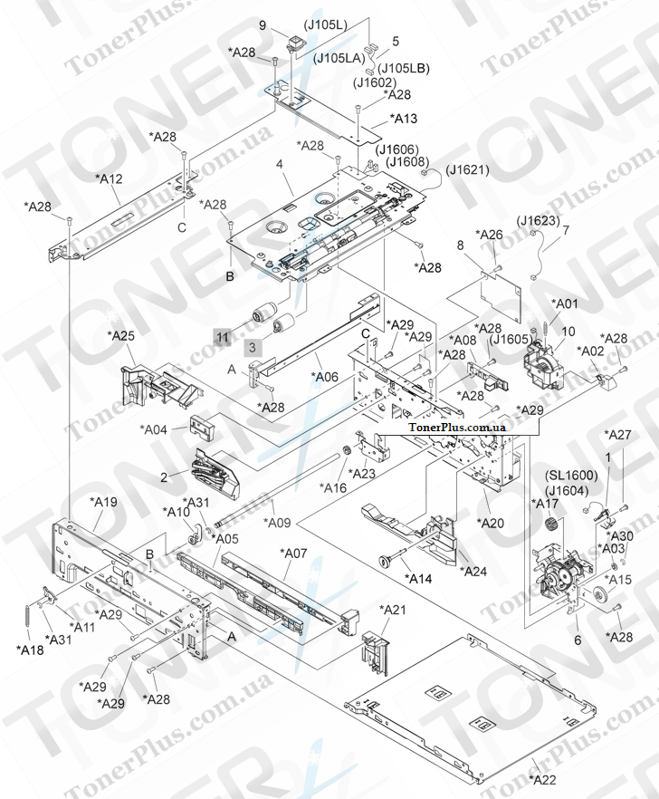Каталог запчастей для HP LaserJet P4515xm - Optional 500-sheet paper feeder main body