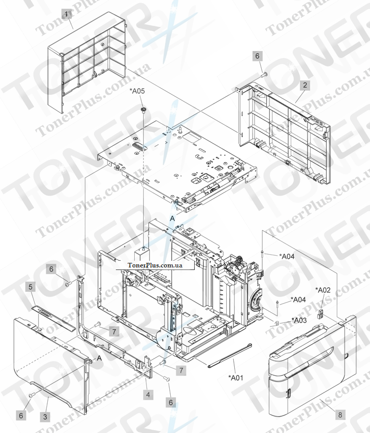 Каталог запчастей для HP LaserJet P4010 - Optional 1,500-sheet paper feeder covers