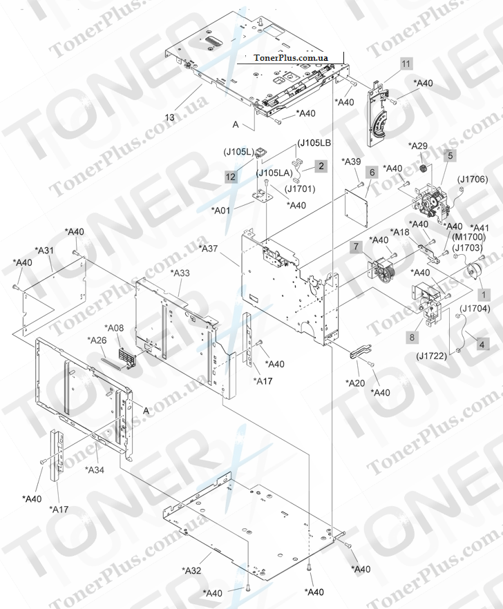 Каталог запчастей для HP LaserJet P4510 - Optional 1,500-sheet feeder main body 1