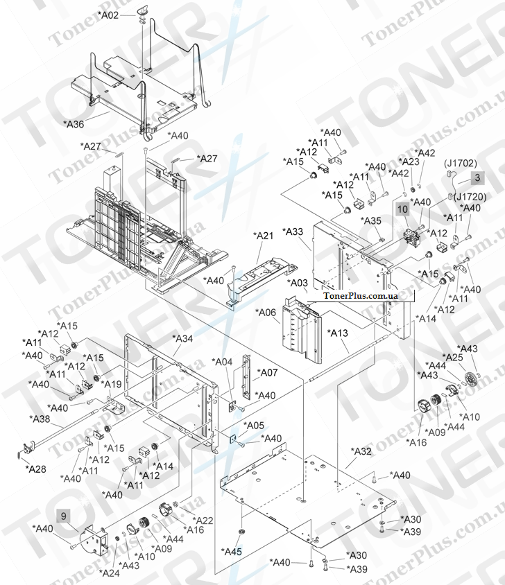 Каталог запчастей для HP LaserJet P4015x - Optional 1,500-sheet feeder main body 2