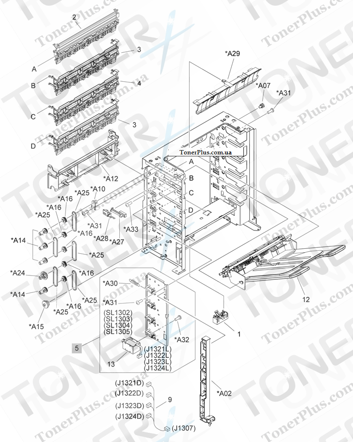 Каталог запчастей для HP LaserJet P4015x - Multi-bin mailbox main body 1