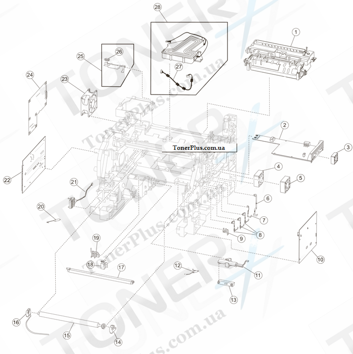 Каталог запчастей для Lexmark X658de - Printhead, fuser assembly, and electronics