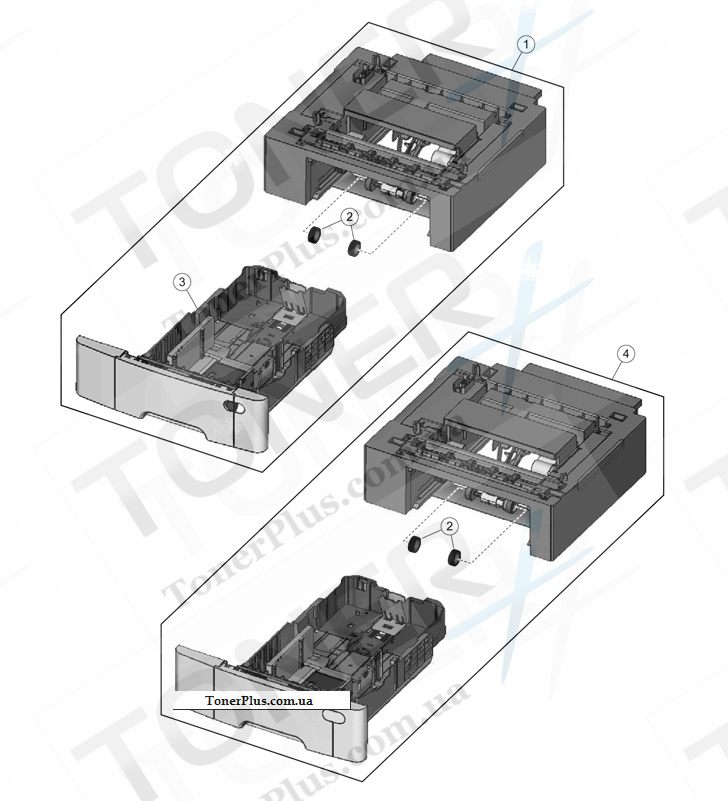 Каталог запчастей для Lexmark X548de - Media drawers and trays