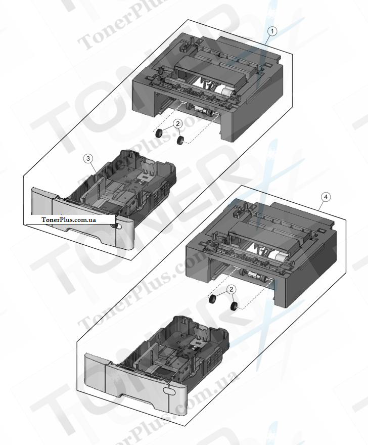 Каталог запчастей для Lexmark X546dtn - Media drawers and trays