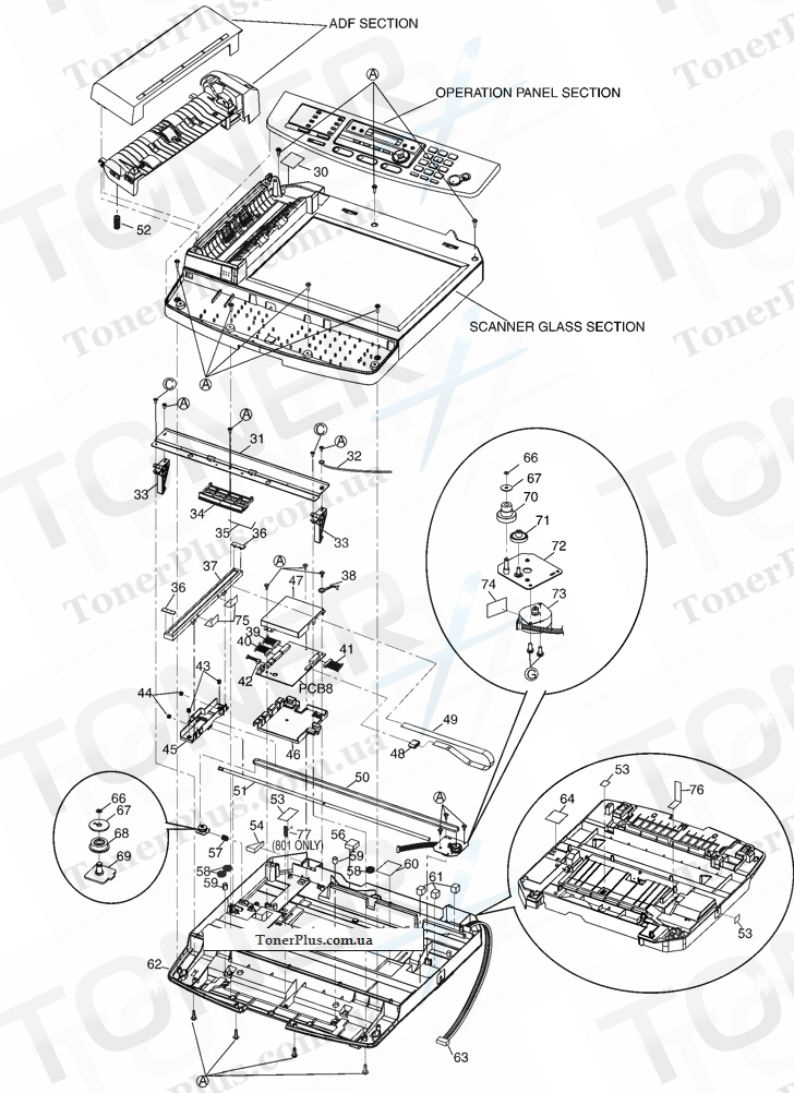 Каталог запчастей для Panasonic KXFLB801 - PRINTER COVER SECTION (1)